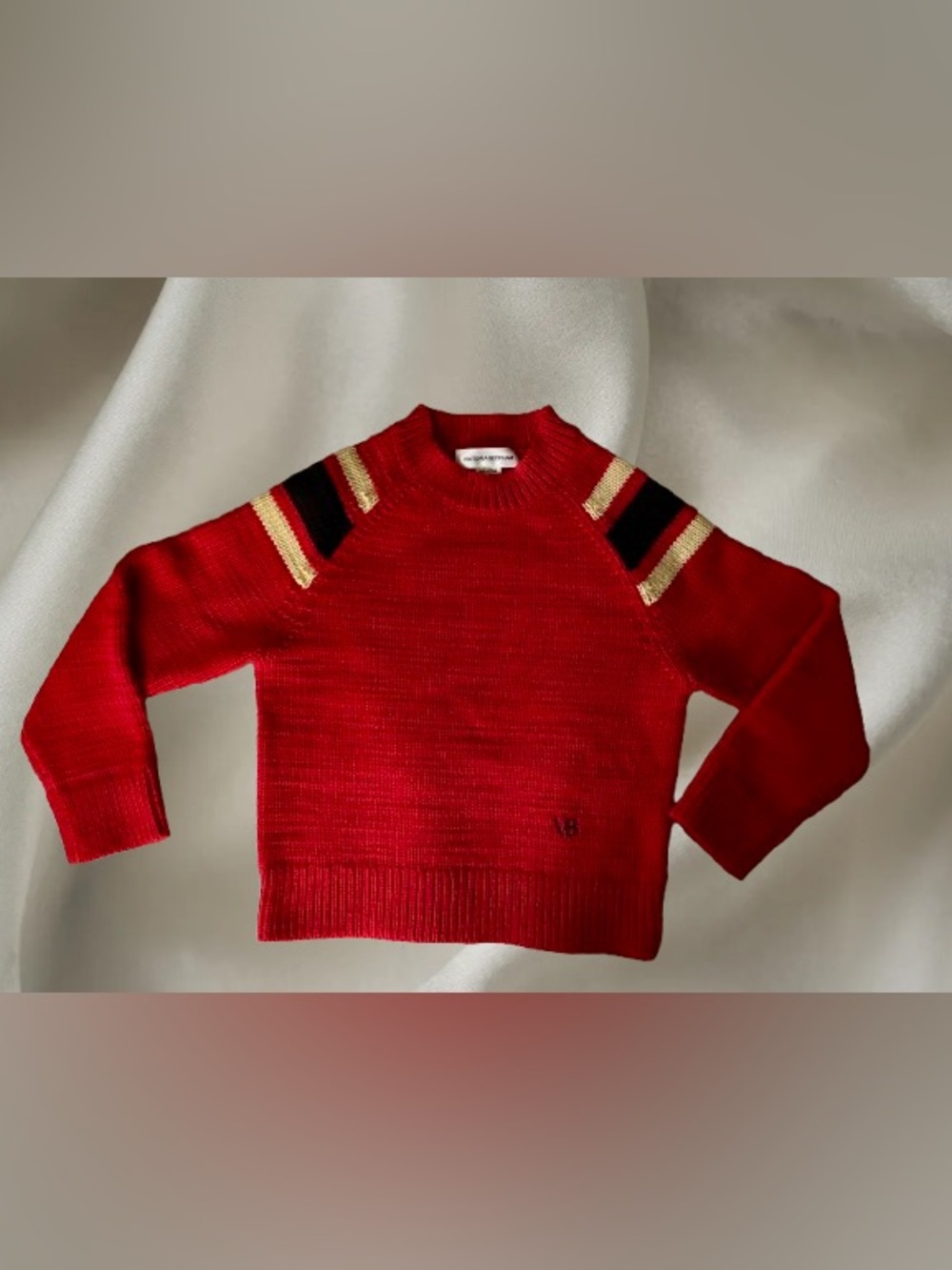 Victoria Beckham 100% Wool Red Crewneck Sweater with Gold & Black, Small - Picture 1 of 9